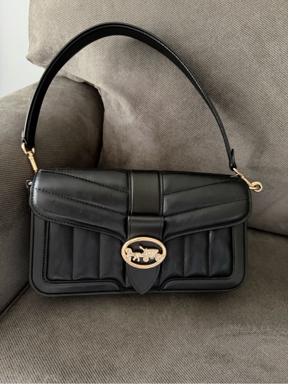 Coach Georgie bag Black Leather Shoulder Bag with Gold Hardware